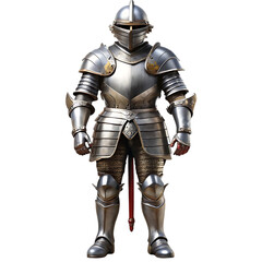 Fototapeta premium Detailed medieval full plate armor suit warrior costume displayed majestically front facing isolated on transparent background