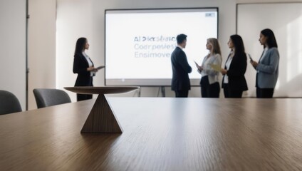 Blurred office scene with a presentation, people discussing, wooden table centerpiece