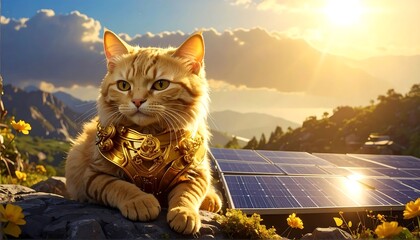 A fluffy orange feline with golden armor sits atop a rock, overlooking solar panels, mountains, and a sunlit landscape