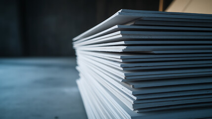 Stack of flat, rectangular boards, potentially construction or craft material, resting on a surface in a dimly lit area, showcasing texture and layered structure.