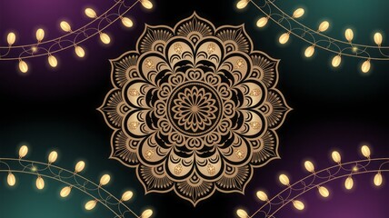 Golden mandala on a dark background with decorative lights, a festive design