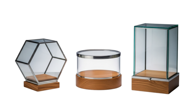 Three empty glass display cases with wooden bases isolated on transparent background