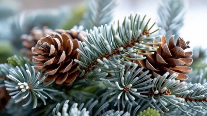 Close-up of frosted pine cones nestled among evergreen branches, evoking a serene winter atmosphere - Powered by Adobe