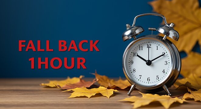 An oldfashioned alarm clock next to fallen autumn leaves, with the text fall back 1 hour indicating the end of daylight saving time