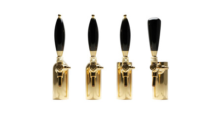 Four golden beer taps with black handles isolated on transparent background