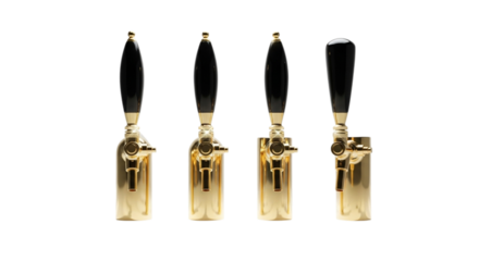 Four golden beer taps with black handles isolated on transparent background