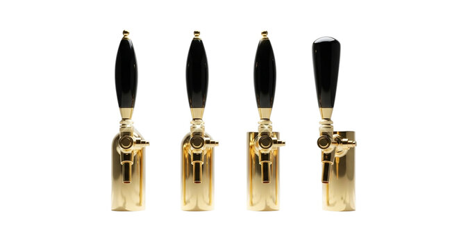Four golden beer taps with black handles isolated on transparent background
