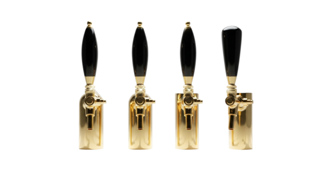 Four golden beer taps with black handles isolated on transparent background