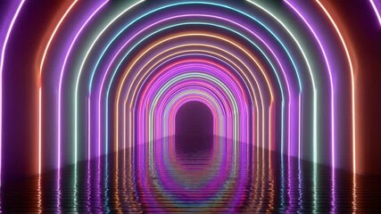A neon rainbow tunnel formed by glowing arches, reflected on the water. - Powered by Adobe