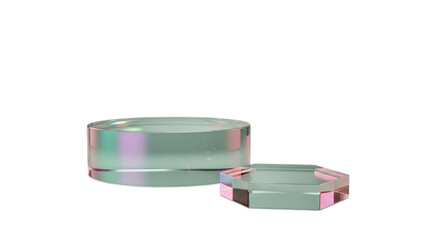 Two clear acrylic display stands, one round and one hexagonal, isolated on transparent background