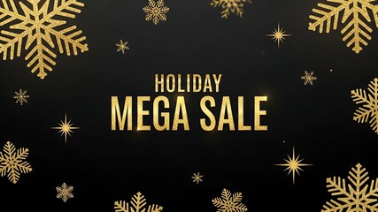 Holiday Mega Sale Banner with Elegant Gold Snowflakes and Sparkles on a Black Background for Christmas and New Year Promotions, Advertising, and Seasonal Discounts
