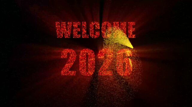 2026 happy new year golden fireworks reveal with sparkling particle explosion background