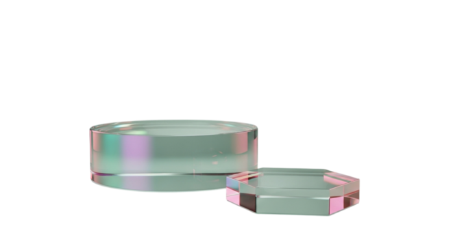 Two clear acrylic display stands, one round and one hexagonal, isolated on transparent background