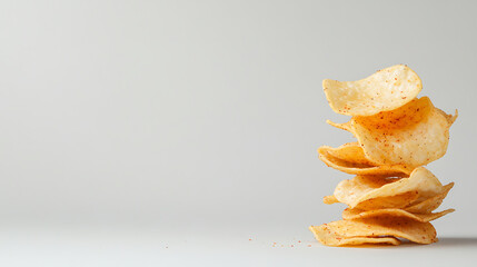 Stack of crispy potato chips with seasoning against a plain background. Perfect for snacking or adding to a meal. Delicious and satisfying.