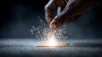 Hand Touching Sparks Flying From Metal Surface in Dark Environment
