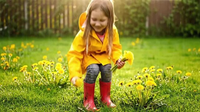Six-year-old girl in yellow raincoat and rubber boots enthusiastically collecting dandelions in yard during rain, conveying freshness, purity and joy of childhood.