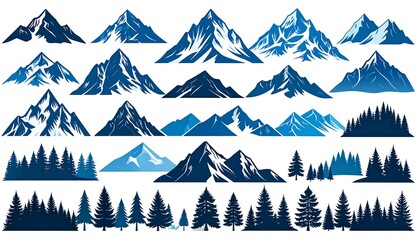 A collection of various stylized blue mountain peaks and stylized evergreen forests arranged in rows