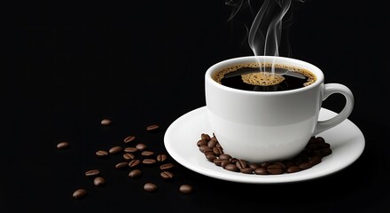 Obraz premium Steaming cup of hot black coffee with roasted beans on a saucer, isolated on a dark background