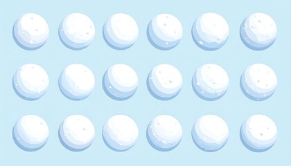 A collection of animated, cartoon snowballs with various shading and textures, set on a soft, light blue background. Fifteen snowy orbs