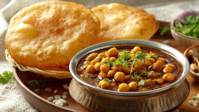 Chole bhature: chickpea curry served with fluffy puffed bread.