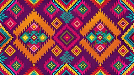  Guatemalan Huipil Weave Pattern, Mayan Indigenous Geometric Diamond Textile in Vibrant Magenta, Purple, Teal and Gold, Seamless Handwoven Background for Fabric, Wallpaper, Apparel Prints and Home Dec