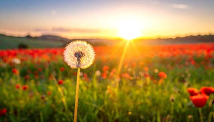 A delicate dandelion seed head glows, set against a field of red flowers, backlit by a radiant, setting sun. A serene natural scene