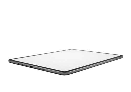 A modern tablet computer with a blank screen tilted on a transparent background