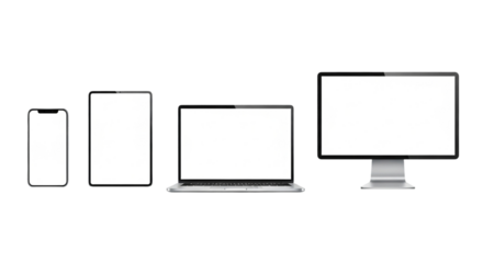Assortment of modern electronic devices including a smartphone, tablet, laptop, and desktop computer, isolated on a transparent background