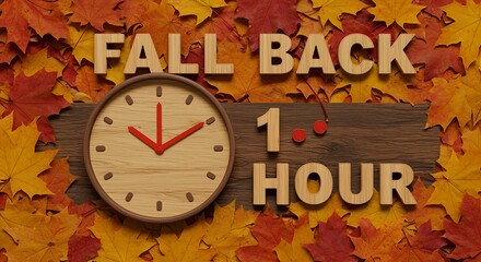 Fall back one hour text with wooden clock on autumn leaves background, daylight saving time end