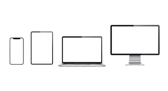 Assortment of modern electronic devices including a smartphone, tablet, laptop, and desktop computer, isolated on a transparent background