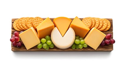 Gourmet cheese platter with assorted cheeses crackers and grapes on rustic wooden board