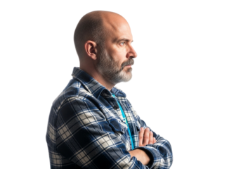 Middleaged man with a beard, wearing a plaid shirt, with arms crossed and looking to the side, isolated on transparent background