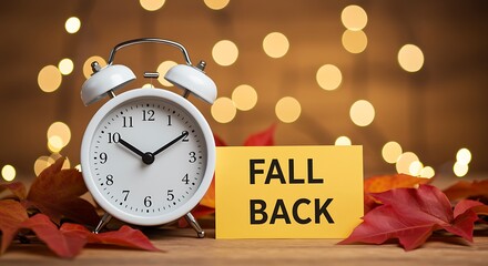 A white alarm clock sits on a wooden surface with fallen autumn leaves and a yellow sign that says fall back