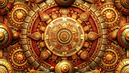 Obraz premium Aztec Sun Calendar Grid Seamless Pattern, Mesoamerican Sunstone Circular Geometric Mandala in Gold Bronze and Terracotta, Ancient Tribal Ornamental Background for Wallpaper Fabric and Print