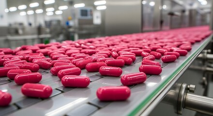 Obraz premium Pharmaceutical manufacturing process with pink capsules on conveyor belt in modern factory