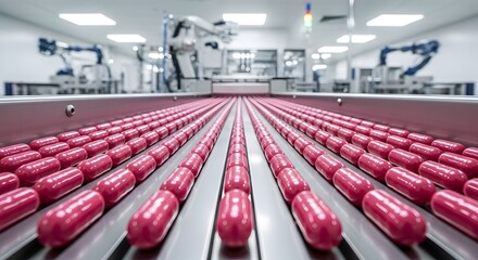 Obraz premium Pharmaceutical production automation in modern factory with pink capsules on conveyor