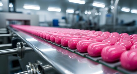 Obraz premium Pharmaceutical production concept with pink capsules on factory conveyor for medication manufacturing