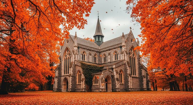 Gothic Church Surrounded by Autumn Foliage.