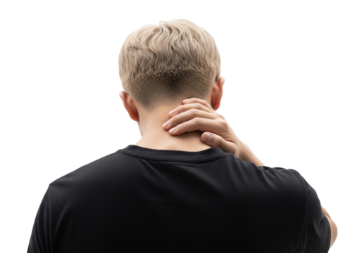 A man in a black tshirt touching his neck, indicating pain or discomfort, isolated on a transparent background