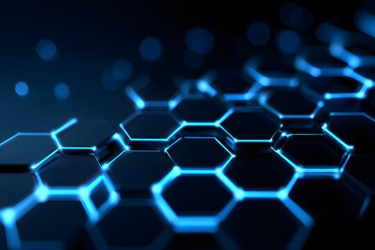 Abstract futuristic hexagonal grid pattern with glowing blue lines and dark background