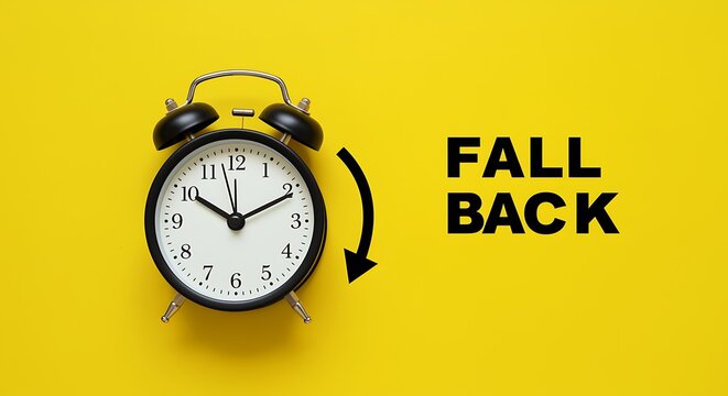 A classic black alarm clock is set against a vibrant yellow background with the words fall back and an arrow, signifying the end of daylight saving time