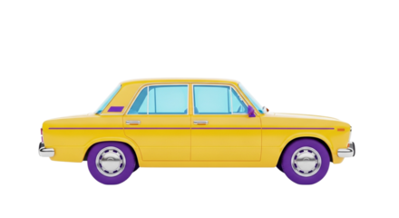 A bright yellow vintage sedan car with purple wheels, isolated on a transparent background