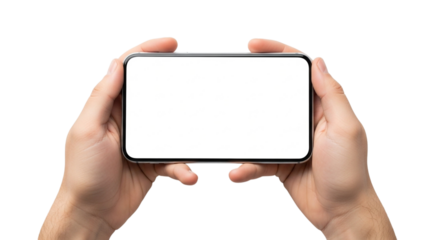Hands holding a smartphone with a blank white screen isolated on transparent background