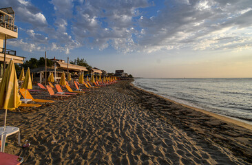 Paralia, Katerini, Greece, 14.08.2025: Sunrise over the sea in Paralia, Katerini, Greece.
