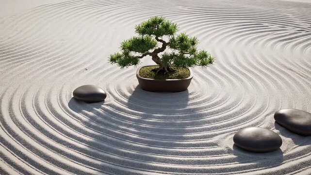 Serene bonsai tree centered in a tranquil Japanese zen garden with raked sand.