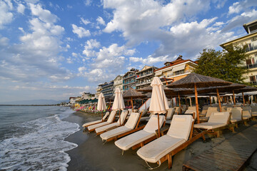 Paralia, Katerini, Greece, 14.08.2025: Sunrise over the sea in Paralia, Katerini, Greece.
