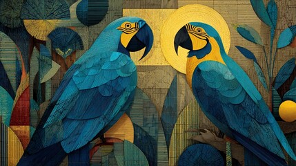 Colorful Blue Parrots Art Wall Hanging with Golden Sun in Tropical Jungle Scene