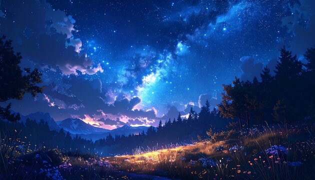 A digital painting of a starry night sky over a landscape featuring trees, mountains, and a field