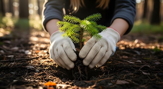 Sustainable gardening concept: hands planting a spruce seedling in natural forest setting for environmental conservation and green living