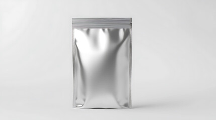 Sleek, silver, stand-up pouch with ziplock closure, ideal for food, snack, or other product packaging. Neutral background highlights the packaging design.